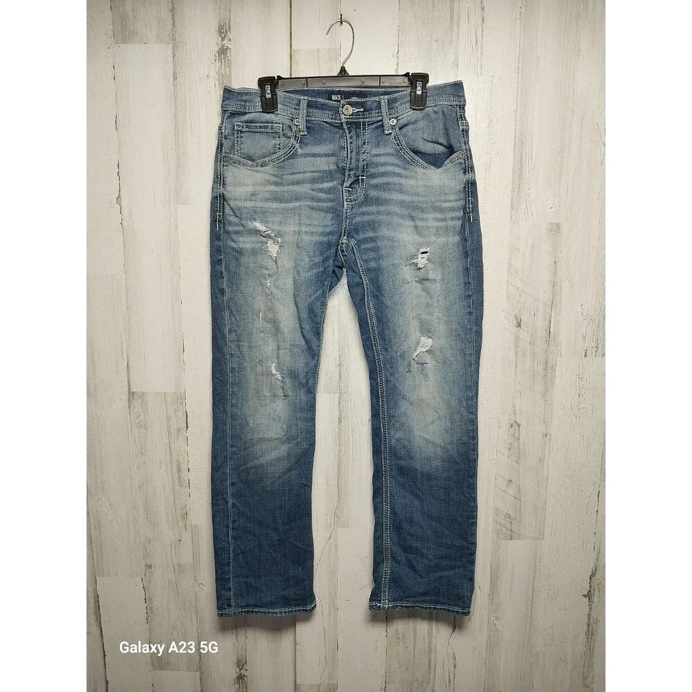 BKE Jeans Mens 31x30 Blue Derek Straight Distressed Stretch Denim